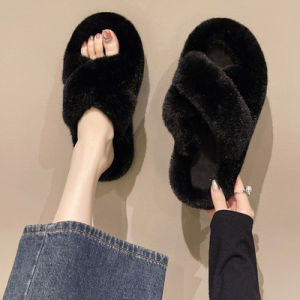 [Free Shipping] Womens Summer New Fashion Outdoor Thick-Soled Plush Fluffy Height-Increasing Cotton Slippers