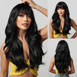 65CM Black Long Curly Wig Matte High Temperature Silk Human Hair Full Wigs For Women with Bangs Style