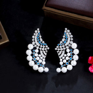 SEQUITO Gorgeous Ear Jewelry Micro Pave Blue White Crystal Stone Silver Plated Prom Party Butterfly Shape Pearl Big Stud Earrings Clothing Accessories SE894