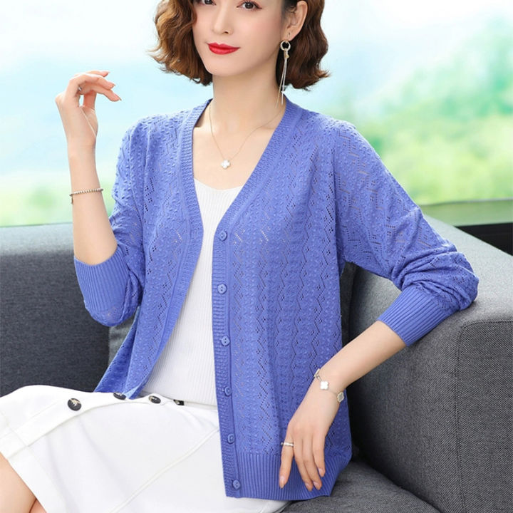 Ladies Ice Silk Knit Cardigan Summer Hollow out Breathable Coat Lazada PH