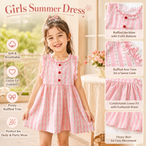 AILEBE Kids Dresses For Girls Summer Casual Dress Short Sleeve Ruffled Trim Round Neck Loose Fit Soft Breathable Polyester OOTD Pambahay Pang Gala
