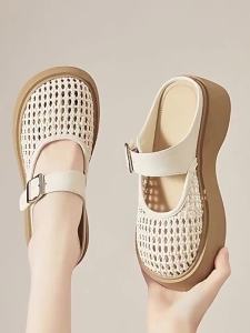 [FreeShipping] Thick-soled closed-toe slippers for women 2026 summer new style flat-soled wedge heel hollowed-out breathable half-slippers