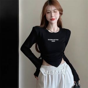 Áo Croptop Tay Dài Rút Dây 2 Bên Cực Xinh RD33 / Áo Thun Nữ Dài Tay Vạt Nhọn Ôm Body Có In Chữ