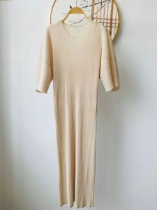 Miyake Pleated Commuter Loose Oversized Round Neck Bat Sleeve Dress #2913