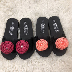 MANXIXI Beautiful 1.18 Inches Wedge Sandals Flowers Pearls Inlay Rubber Sole Sturdy Flat Slippers For Women (Size 35-40)