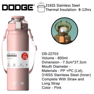 Cille Dodge 450ml/600ml/800ml Slim 316SS Stainless Steel Vacuum Flask Thermos Water Cup c/w Strap