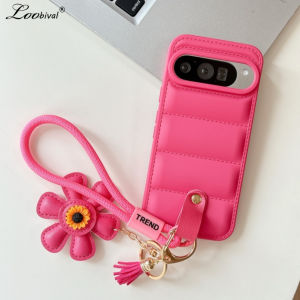 Cartoon Sunflower Down Jacket Lanyard Case for Google Pixel 9 8 7 6 Pro 5 4 3 9A 7A 6A 5A 4A 3A Hand Wrist Strap Soft TPU Cover