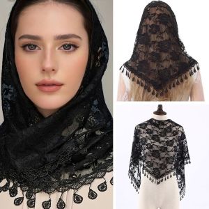 EASYEAH Embroidery Tassels Lace Head Scarf Breathable Elegant Lace Flower Head Cover Vintage Headwrap Women Wedding