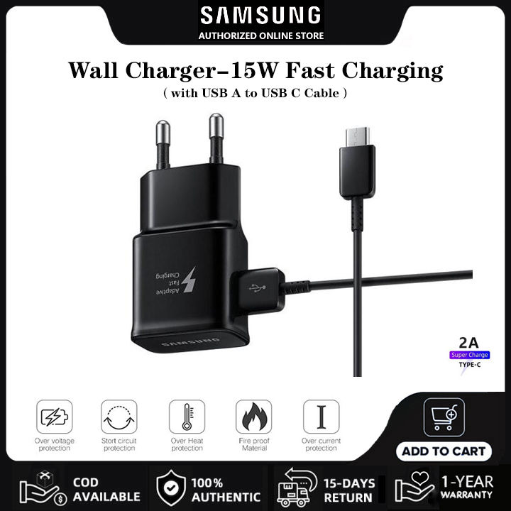 Samsung Quick 15W EP-TA200 Charger Travel Adapter with 2A USB C Charging Cable, suitable for Galaxy S23, S22, S21, S8, S9, S10 Note 10 9