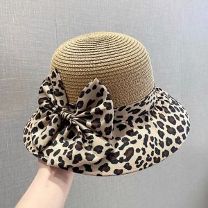WININ Leopard Print Bow Straw Hat UV Protection Wide Brim Fishermans Hat Fashion Lightweight Womens Sun Hat Summer Outdoor