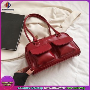 Vodool Retro Top-handle Bags Double Pocket PU Leather Underarm Bag Fashion Solid Designer Armpit Bag Casual Zipper Portable Ladies Purses
