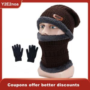 【Y2E2noa】 3-Piece Winter Mens Hat Set Scarf Gloves And Neck Warmer All In One Fleece-Lined Knitted Hat