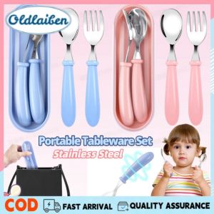 Oldlaiben 2Pcs Baby Spoon Fork Set Stainless Steel Self Feeding Tableware Learning To Eat Trainin For Toddler