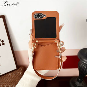 Luxury Leather Card Holder Slot Wrist Strap Case for Samsung Galaxy Z Flip 6 5 4 3 flip6 Flip5 Wallet Lanyard Solid Color Cover