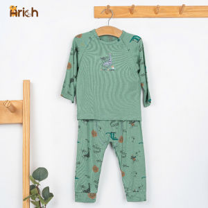 Bộ quần áo dài tay cài chéo hoạ tiết phối hình Arich vải sợi tre cho bé trai bé gái từ 9tháng-6 tuổi