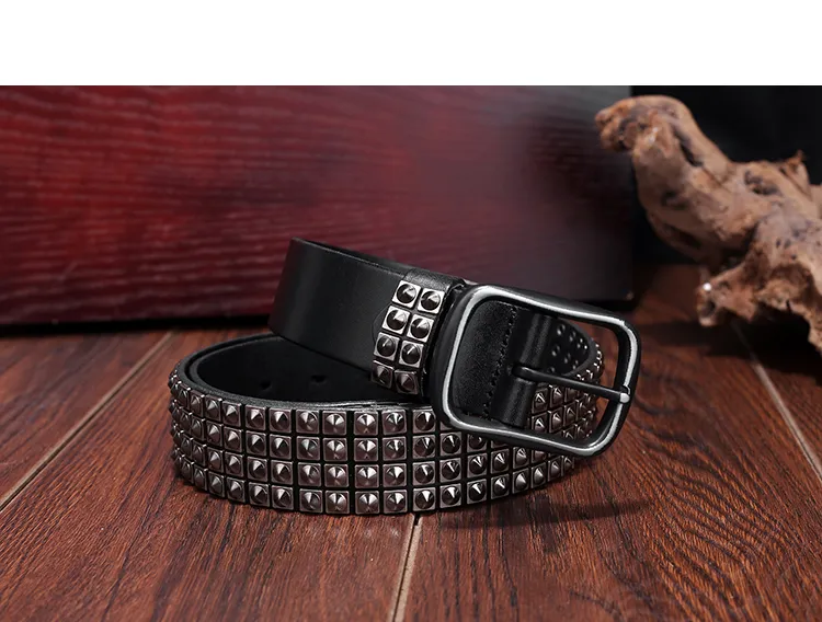 2024 Luxury Metal Rivet Punk Hip Hop Belt NEW Genuine Leather mens Studded Rock Belts Heavy metal locomotive style jeans Accessories Lazada Singapore