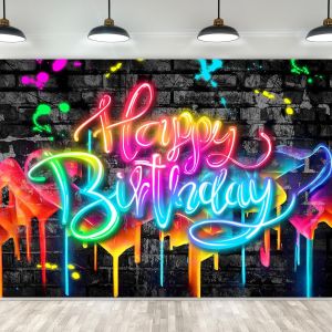 Hantar dari gudang tempatanNew birthday photography backdrop with neon graffiti theme for birthday party decoration