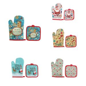 ZYJC 2pcs/set Kitchen Heat Resistant Santa Claus Microwave Gloves Anti- Pad Kitchen Mat Oven Mitts