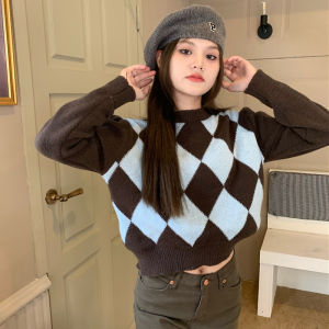 Sweater wanita kotak-kotak berlian retro lengan panjang gaya Korea atasan lengan panjang longgar