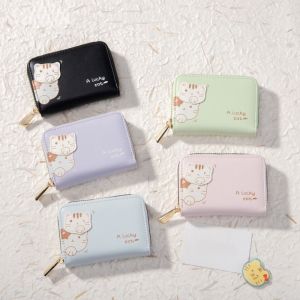 COSE Korean Style Cute Tri-Fold Purses Solid Color Multi-card Slot Women Card Holder Portable PU Leather Cat Short Wallet Women