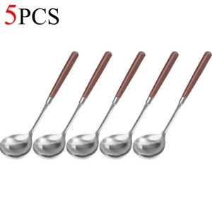5Pcs Stainless Steel Wooden Handle Soup Spoon Thickened Long Handle Spoon Hot Pot Scoop Home Kitchen Tableware Cooking Utensil