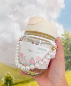 แก้วน้ำ มินิมอล สายคล้องมุกพร้อมหลอดดูด ลายดอกไม้ สไตล์น่ารักๆ