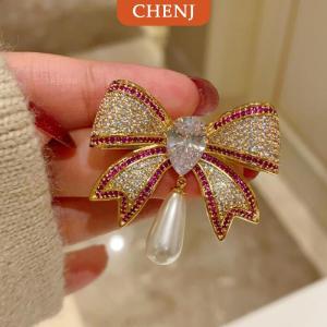 [COD] CHENJ เข็มกลัดติดโบว์ประดับพลอยเทียมอารมณ์สำหรับผู้หญิงแฟชั่นสาวๆเข็มกลัดชุดสูทหรูหราของขวัญเสื้อผ้า