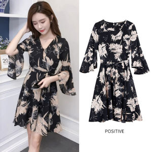Summer dress for women casual printed dress korean black floral dress(M L XL XXL)
