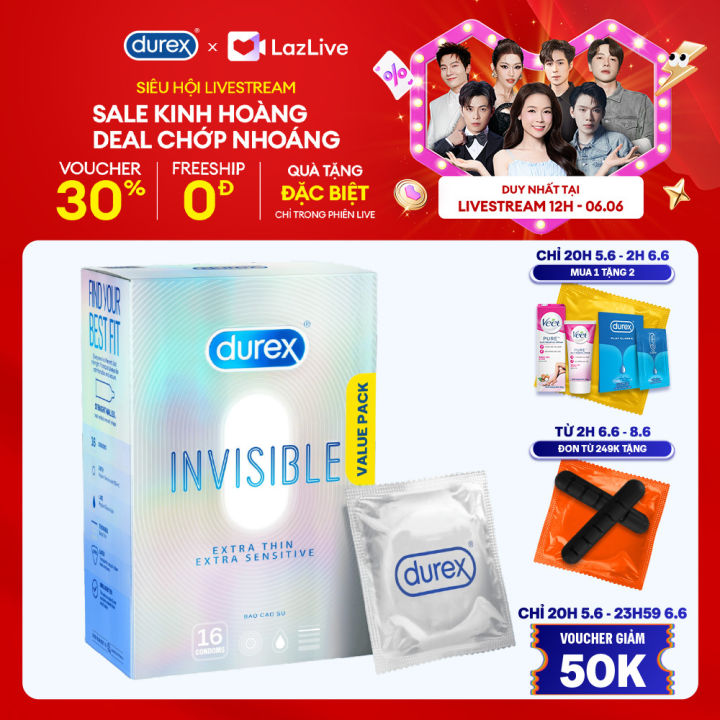 [20H 5.6-23H59 6.6 - Voucher 50K] Bao Cao Su Durex Invisible Siêu Mỏng, Size 52 mm, Hộp 16 Bao Mới Ra Mắt - Hộp Lớn Siêu Tiết Kiệm