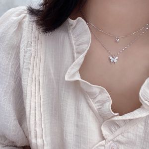 Shiny Zircon Butterfly Double Layer Necklace Sweet Elegant Clavicle Chain for Women Wedding Party Jewelry Gifts