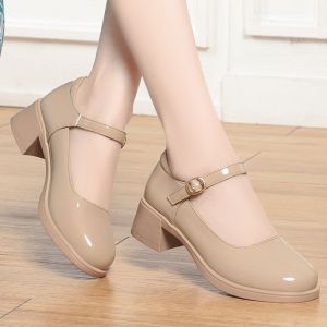 [Free Shipping] Chunky-Heeled Shallow-Toe Pumps Small-Sized High Heels For Women Suitable For Spring And Autumn Paired With Skirts Leather Shoes