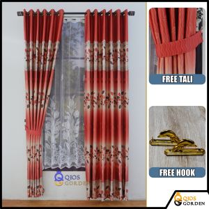 Gorden Pintu Rumah Kain Blackout Tebal Motif Daun Model Smokering Tinggi 230 cm