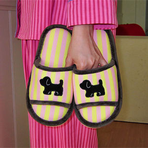 XIXITIAO Indoor slippers Fun Little Black Dog Internet Celebrity Sweat-Absorbing Cotton Slippers Spring Summer Air-Conditioned Room Home Womens Personality Color-Block Striped Floor Shoes
