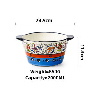 OMK American Style Underglaze Ceramic Tableware Set Dinner Plate Deep Dish Binaural Handle Salad Bowl Blue Turkey Design Theme