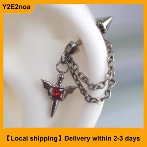 【Local shipping】 Red Zircon Wing Chain Piercing Earring For Women Men Gothic Silver Color Rivet Ear Bone Nail Earring Y2K Jewelry Accessories