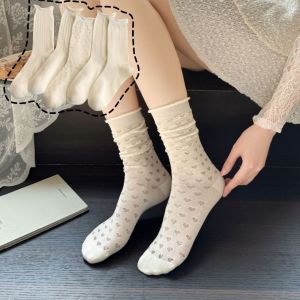 GK1AO 2Pairs Hollow Out Sweet White Socks Heart Lingge Ruffle Tube Socks Women Lolita JK Dashed Line Mid-calf Cotton Socks Women
