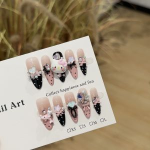 Handmade Press-on Nails High-end Pink Wave Dot Long Nail Art Cute Hello Kitty Cat Sweet False Nails