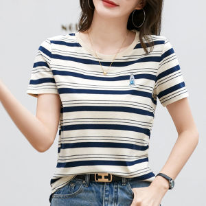Women Short Sleeve Round-neck T-shirt Casual Tee Stripe Loose Tops 96% Cotton㏇0701