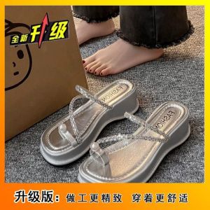 [Free Shipping] Thick-Soled Wedge Sandals Perfect With Skirts Beach Sandals For Women New Spring/Summer Styles Silver Rhinestone And Pearl Embellished Single-Strap Slides