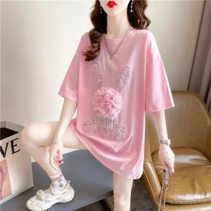 Kích thước lớn kim cương nổi bật thêu T-shirt tay ngắn của phụ nữ thời trang phong cách Hàn Quốc áo rộng