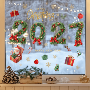FEELDG PVC Miếng dán cửa sổ Giáng sinh Thiết kế của ông già Noel Thiết Kế Tuyết Decal dán cửa sổ Giáng sinh Ấn bản 2026 Thiết Kế Thực Vật Học Miếng dán kính cửa sổ Giáng sinh Trang trí nhà cửa