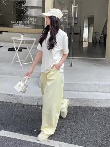 Cream Yellow Patchwork Sports Wide-Leg Pants for Women Summer 2025 New high-waisted straight-leg loose premium work pants