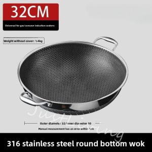 Professional 316 Stainless Steel Round Bottom Wok Dual-Side Honeycomb Nonstick Frying Pan with Rivet-Free Handles 11cm Deep Induction-Compatible Stir Fry Pan for Gas & Electric Stoves Food Grade Easy-Clean Cookware