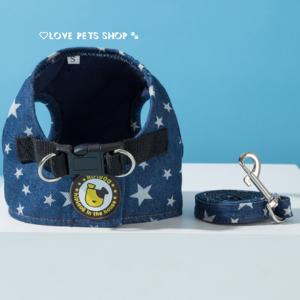 Bộ dây dắt Chó Mèo kèm yếm ngực bản lớn bằng vải jean 2 lớp - Love Pets Shop