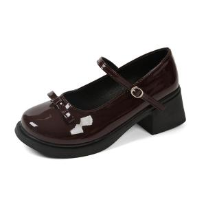 YOTO  Mary Jane Loafers For Women Leather French-Style BowThick Soled Coarse High Block Heel Sandals