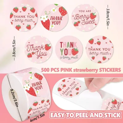สติกเกอร์ขอบคุณ ลายสตรอเบอร์รี่ ติดกล่อง ติดแก้ว sticker