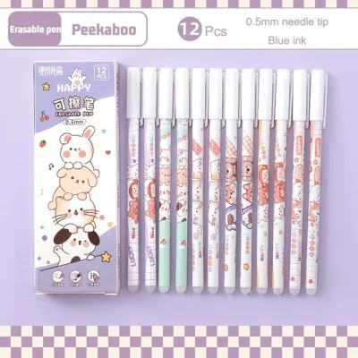 12pcs 0.5mm Erasable Gel Pen Cute Pen Blue Ink With Eraser Magic Blue Pen School Stationery Supplies