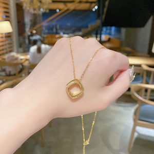 good 999 Korean fashion design 18K gold titanium steel Square double ring zircon Necklace N8084