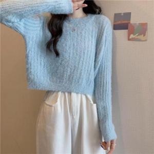 Sweater Crop Rajut Wanita Lengan Panjang Polos Casual Top Terbaru