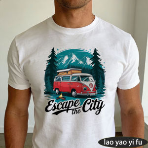 [Local Stock] HBESTY  Escape The City Vintage Van Graphic T Shirt Men Retro Camper Van Print Top Summer Vanlife Vacation Casual Wear Clothes